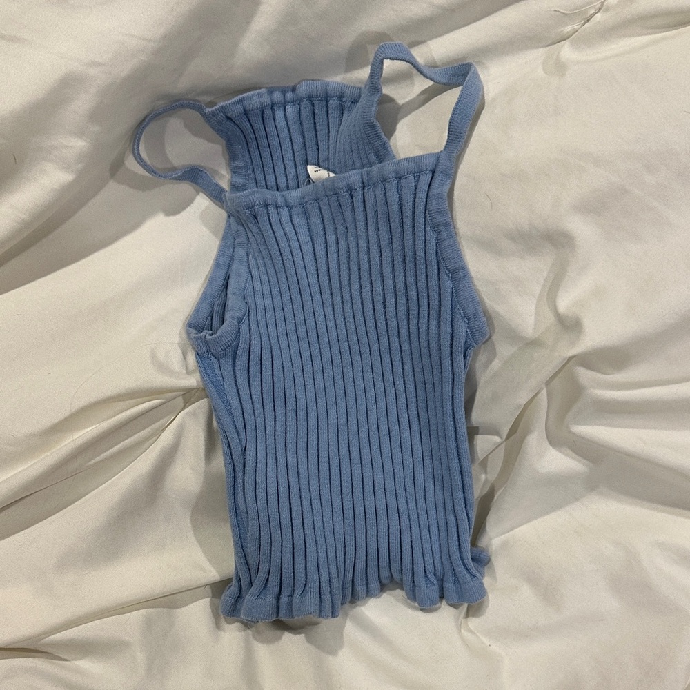 Blue Ribbed Women's Crop Top - Picture 2 of 4